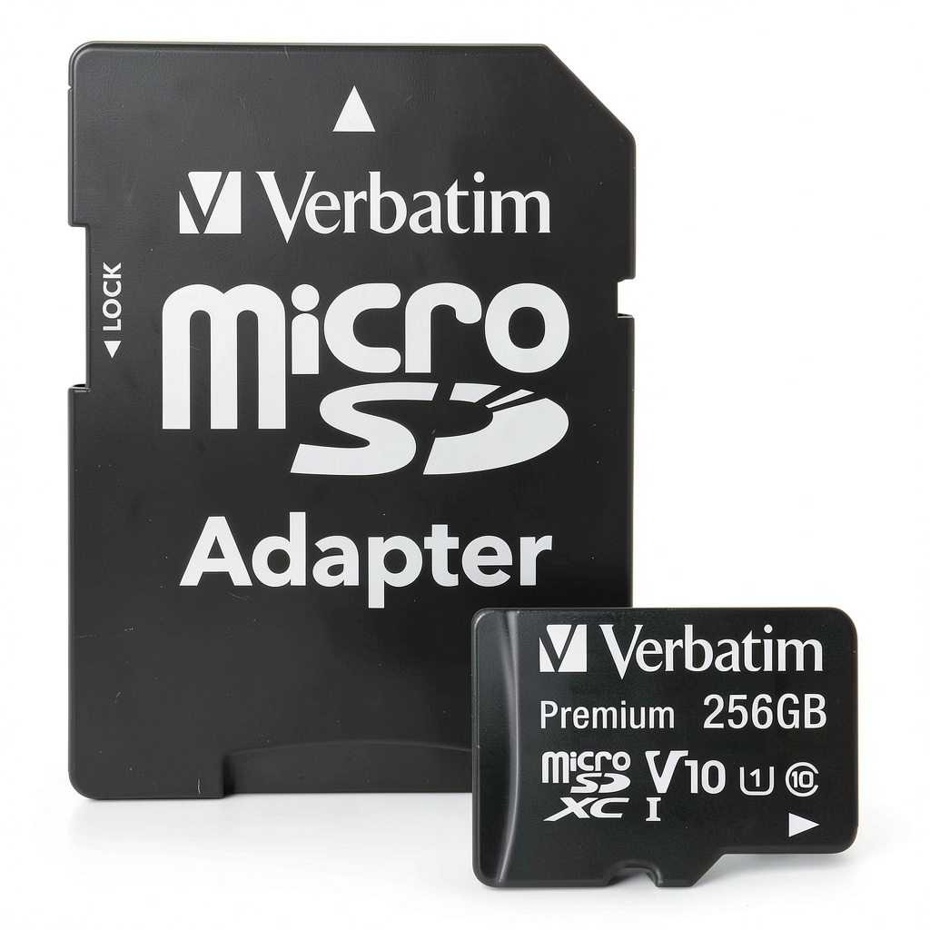Installing Verbatim microSDXC Card 256GB Full HD Video Fast Read Speeds on a wooden desk