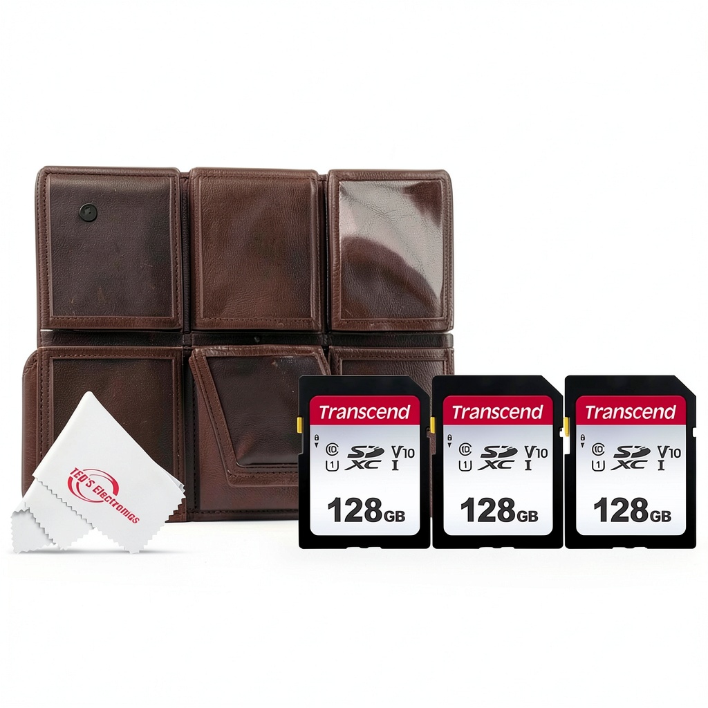 Transcend SDXC 128GB UHS-I Memory Card three-pack with card holder on camera bag