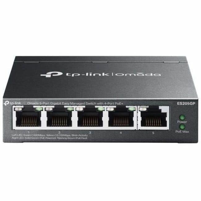 TP-Link Omada 5 Port Gigabit Easy Managed Switch PoE+ mounted in a network cabinet with connected cables