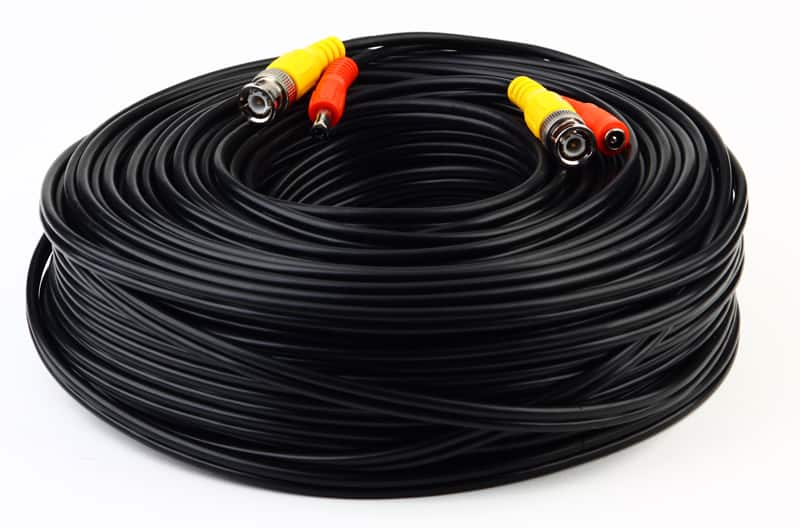 'BNC CCTV cable showing connectors and flexible routing in a surveillance setup'