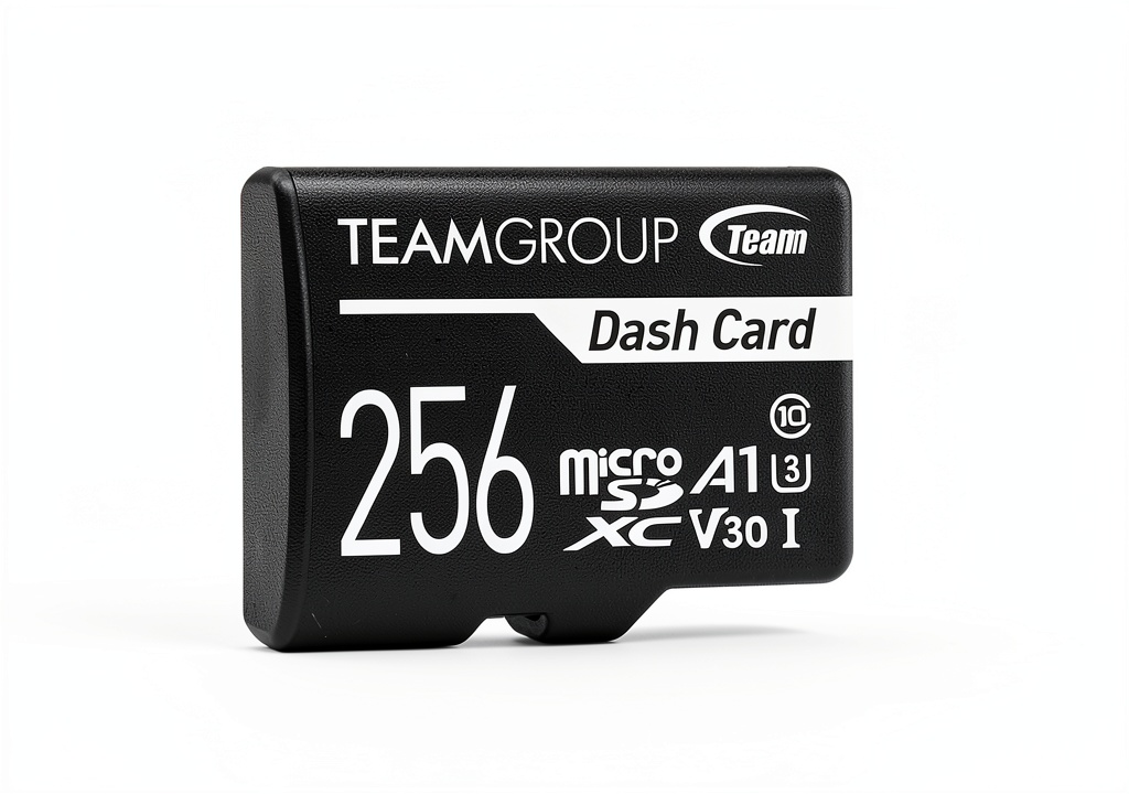 Installing Team Dash Cam Memory Card 256GB microSDXC Durable High Speed on a wooden desk