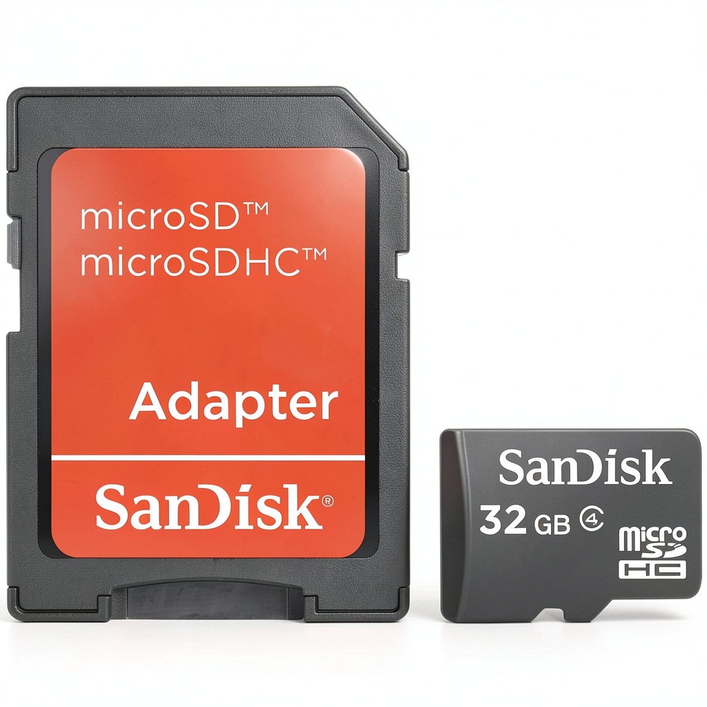 Installing SanDisk microSDHC Mobile Memory Card Full HD Storage on a wooden desk