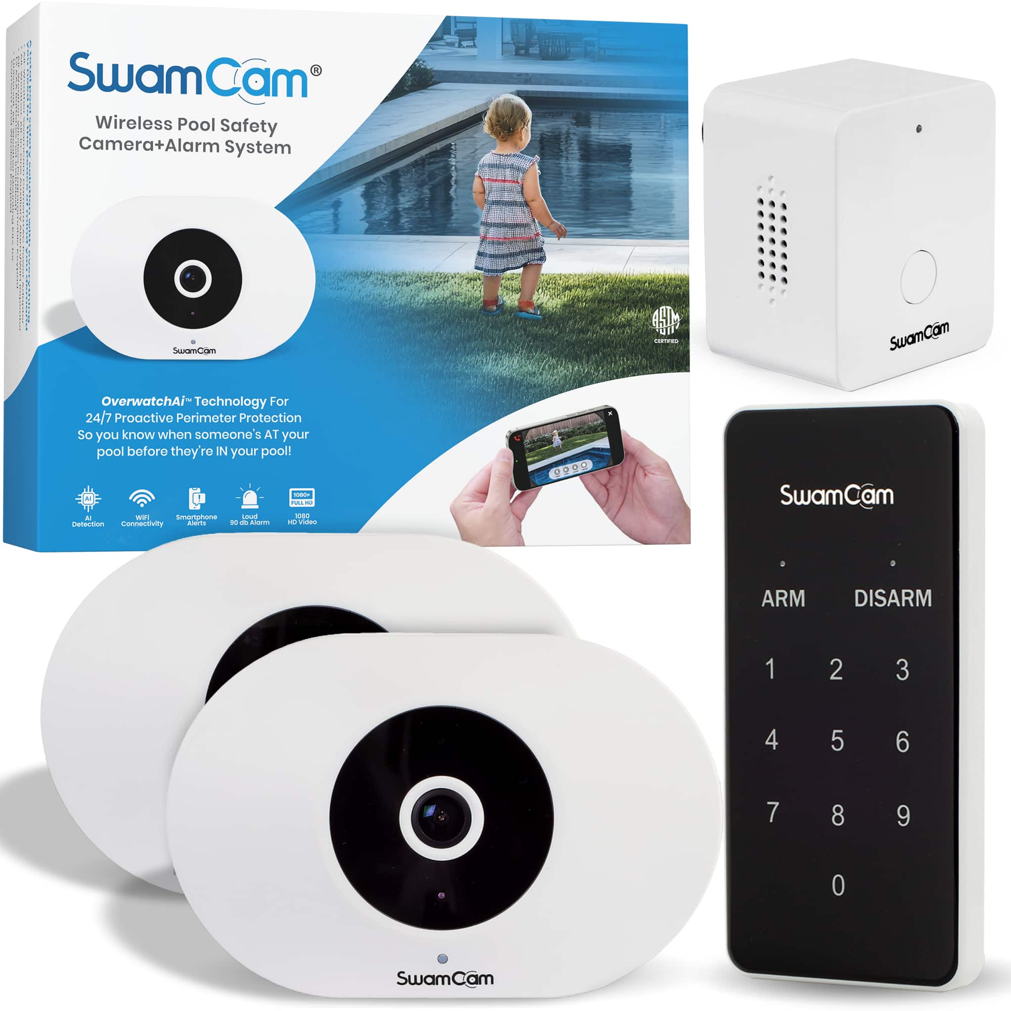 SwamCam Pool Alarm installed near an inground pool