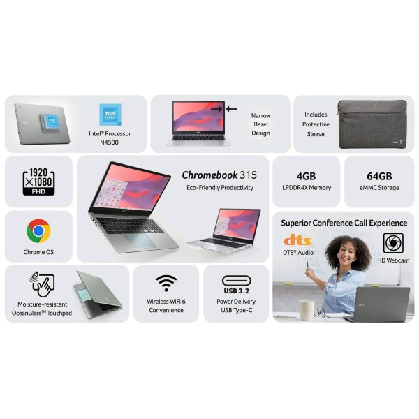 Acer Chromebook 315 Laptop 15.6 Inch Intel N4500 4GB 64GB-1
