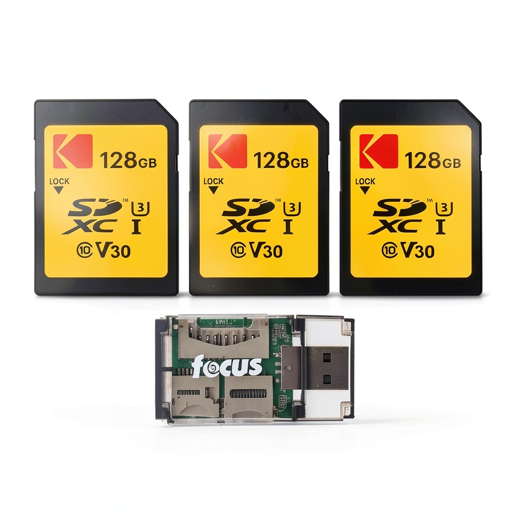 'Kodak 128GB SDXC card displayed next to a camera'