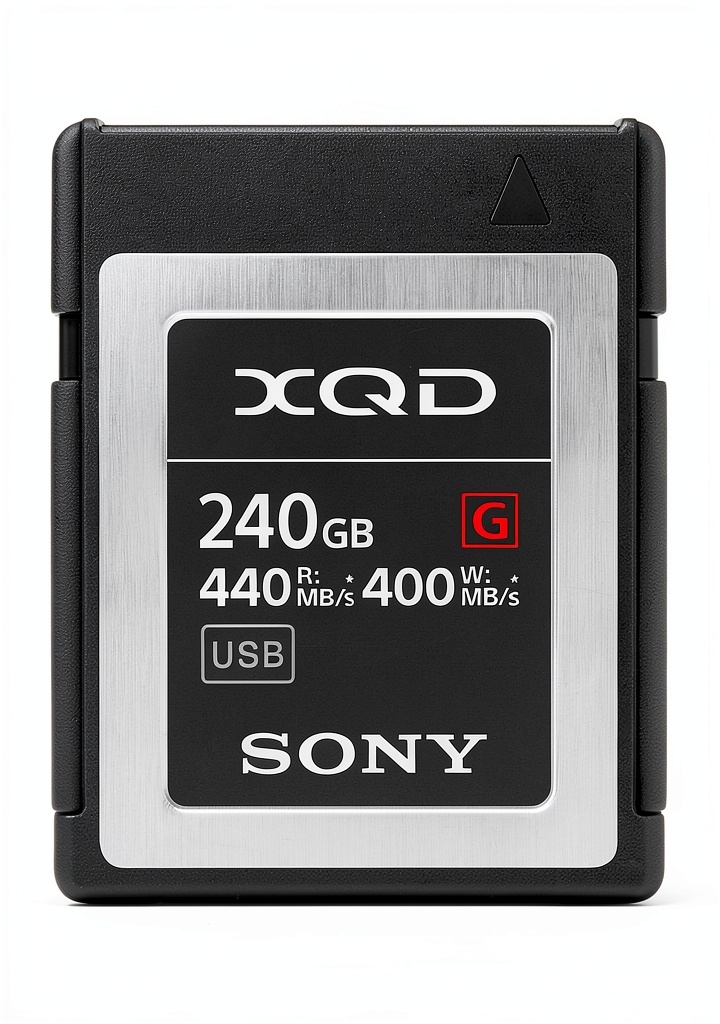 Sony XQD S Series Memory Card 240GB next to professional DSLR camera on shooting location